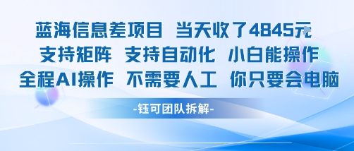 蓝海信息差项目当天收米1k+&nbsp;支持矩阵支持自动化小白能操作全程AI操作不需要人工你只要会电脑