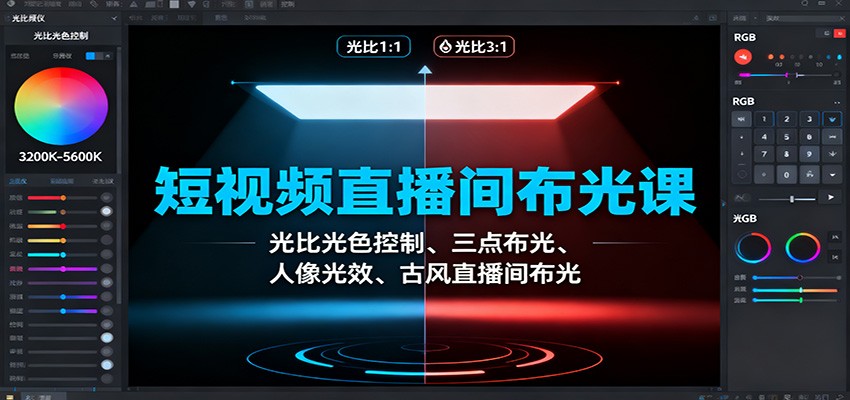 短视频直播间布光课：光比光色控制、三点布光、人像光效、古风直播间布光